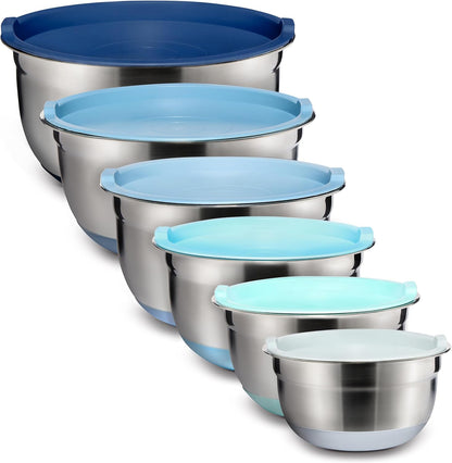 COOK WITH COLOR Stainless Steel Mixing Bowls Set with Lids - Nesting Bowls with Non-Slip Bottom, Silver, 14 Pieces