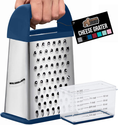GORILLA GRIP® XL 4-Sided Stainless Steel Cheese Grater With Measurement Container, BPA-Free Box Grater, Slip Resistant Base, Grate Hard Parmesan, Shred Veggies, Zest Citrus, Dishwasher Safe, Red