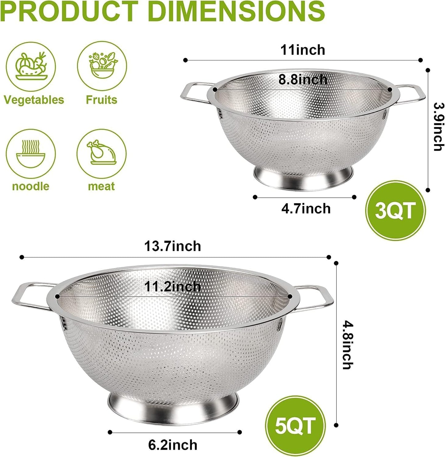Gulex Colander Stainless Steel 3-Quart, Strainer for Kitchen Food, Dishwasher Safe