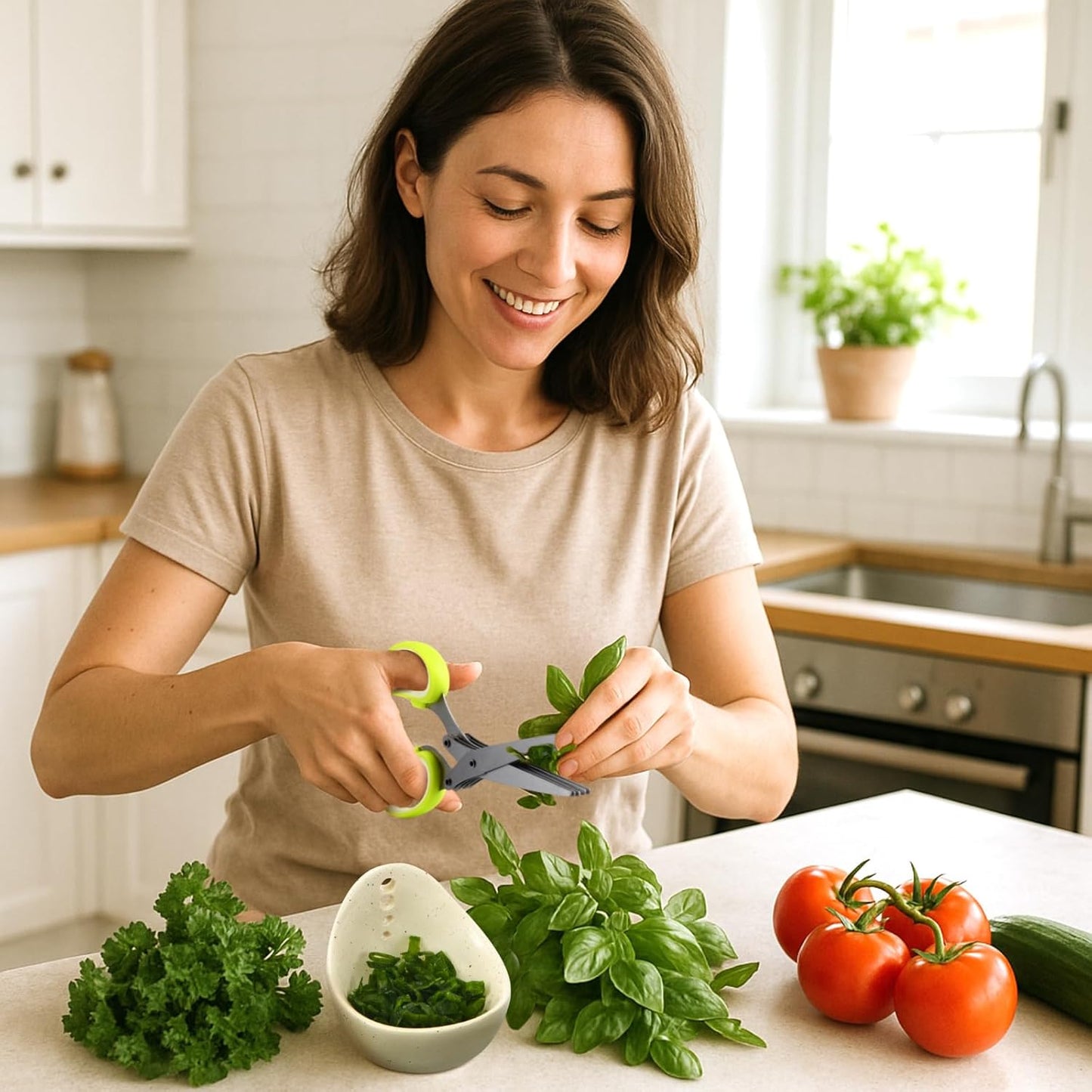 Remerry Herb Scissors 5 Blade with Cleaning Comb, Herb Stripper Bowl with 4 Hole Sizes, Cutter for Basil, Chives, Parsley, Kitchen Cutting Tool Set