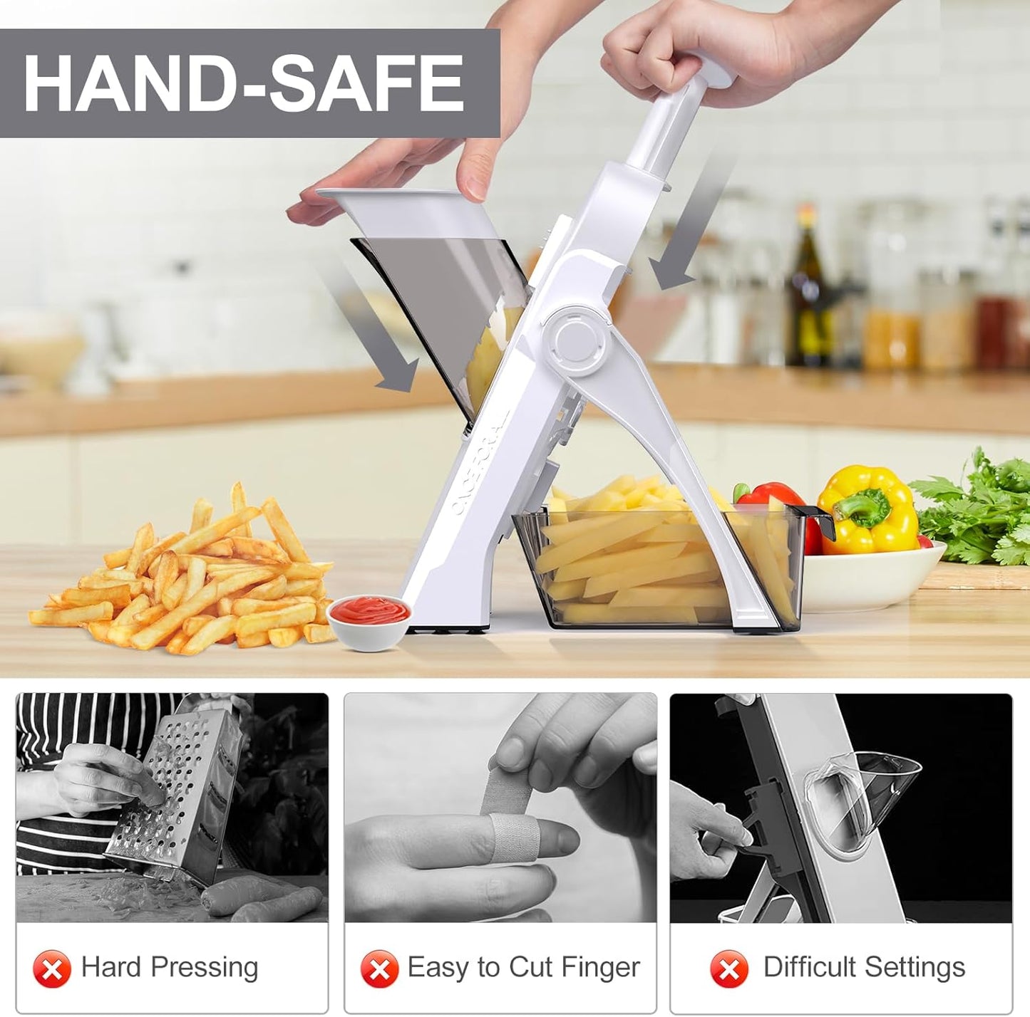 Safe Mandoline Slicer for Kitchen, Meal Prep,Potato Slicer, Adjustable/Easy to Clean/Storage, Kitchen Chopping Artifact,French Fry Cutter,Paring Knife/Cleaning Brush (only Slice, Black Knight)