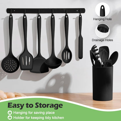 Silicone Cooking Utensil Set, Homikit 15pcs Kitchen Utensils with Holder for Nonstick Cookware, Heat Resistant Nontoxic Silicone Spatula Set Dishwasher Safe Kitchen Tools for Baking-Black