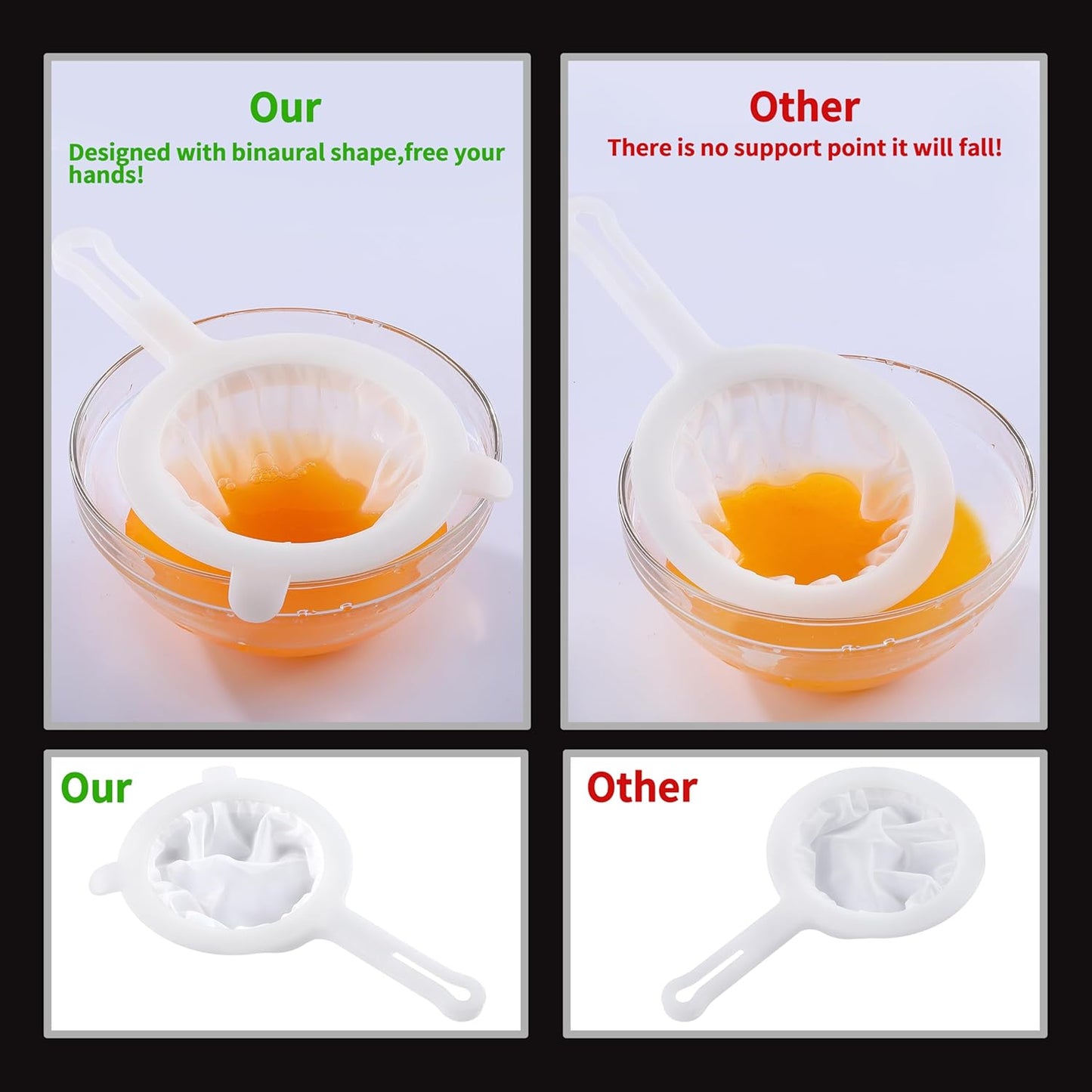 VRUIFA 2PCS Plastic Fine Mesh Strainer, Nylon Ultra Strainer for Juice,Yogurt, Coffee, Honey, Milk, Nut Milk with Handle (120+200Mesh)