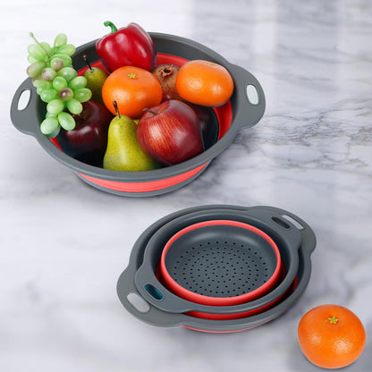 Collapsible Colander 3-Pack Set Space-Saving Foldable Kitchen Strainer with Non-Slip Base Durable Thickened PP+TPE Collapsible Strainers for Pasta, Vegetables, Fruits (Gray-White)