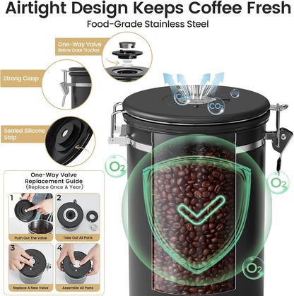 Veken Coffee Canister with Window,Airtight Stainless Steel Pantry Container,Home Kitchen Food Storage Organizers for Ground,Beans,Espresso,Rice,Tea,Sugar,Cereal, Decor,Bar Accessories,Gifts,22OZ,Black