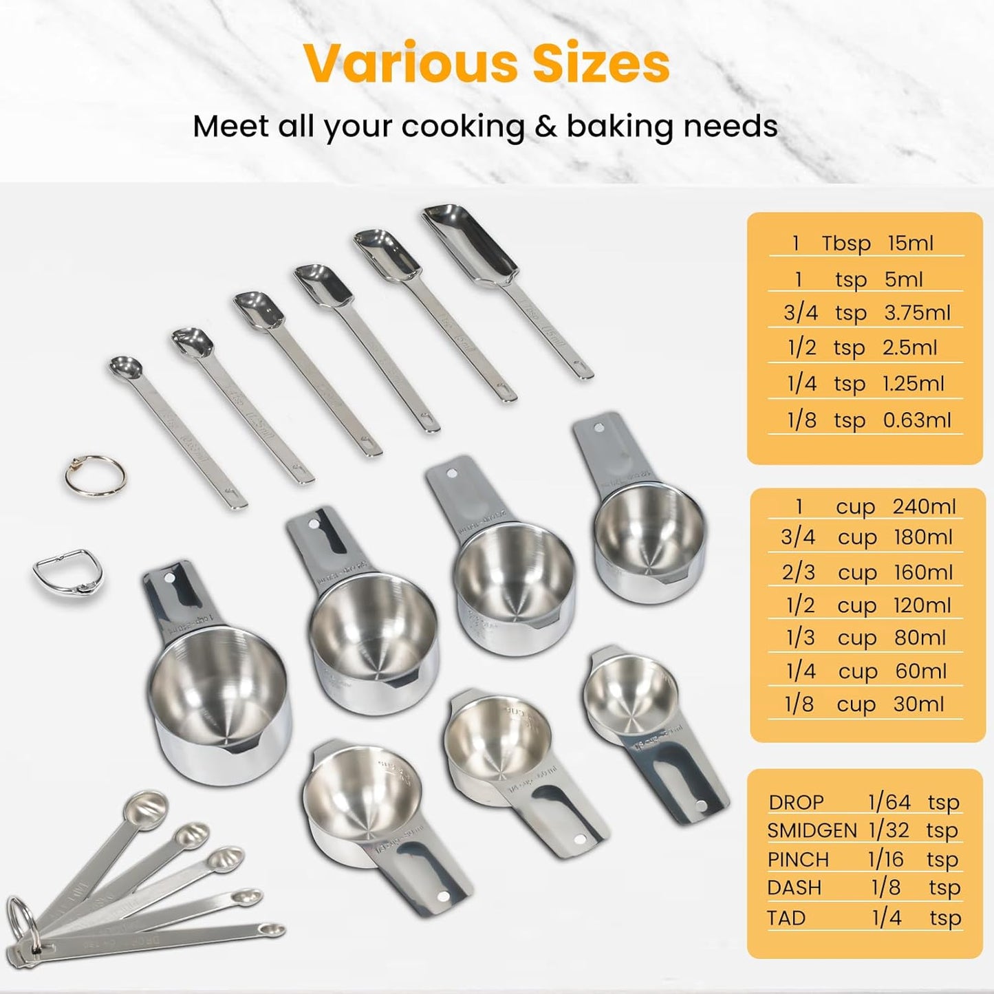 21 Pieces YUNNKEEY Measuring Cups and Spoons Set - Includes 7 Stainless Steel Measuring Cups, 8 Rectangular & 5 Mini Measuring Spoons with Leveler Fits Spice Jars, Ideal for Dry and Liquid Ingredients