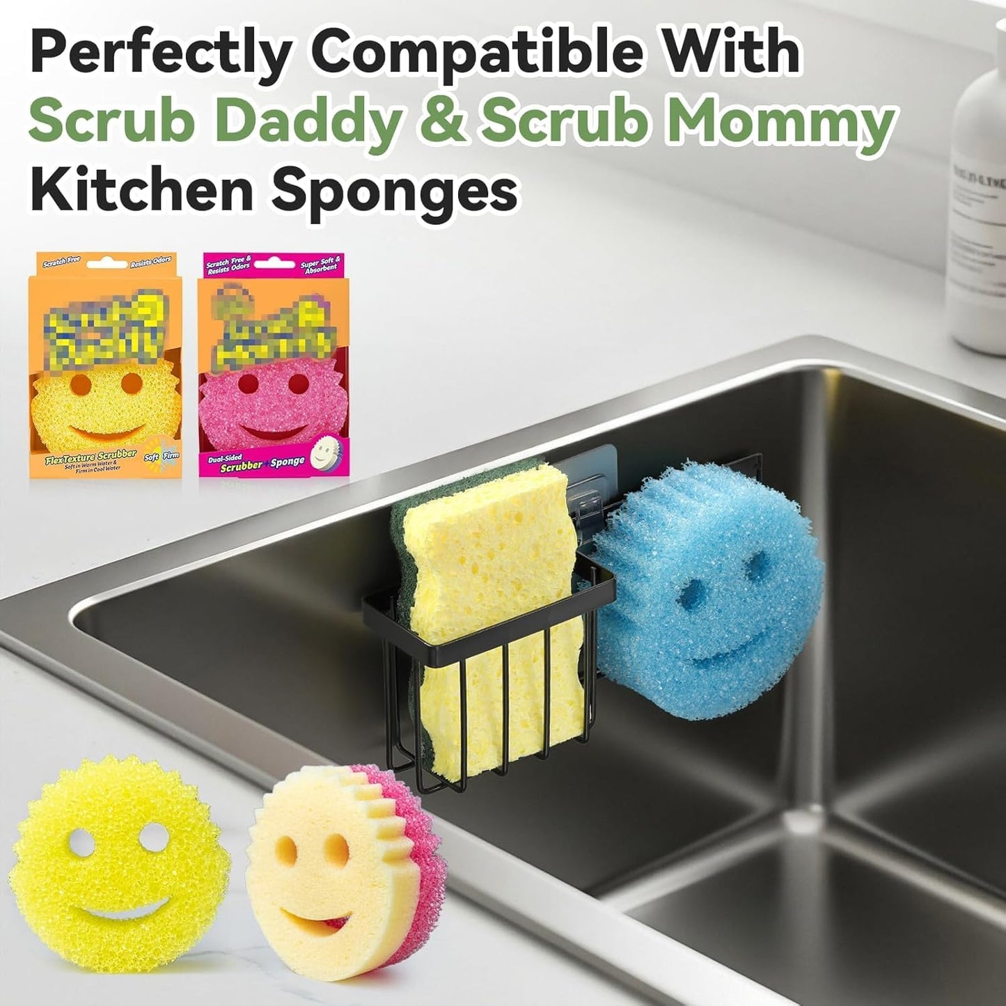[Space Saving] Sponge Holder for Kitchen Sink, Great for Scrub Daddy / Scrub Mommy Sponges, Rust-proof Sink Sponge Caddy Organizer for Dish Brush, Scrubber - 2 Mounting Options (Suction Cups & Hooks)