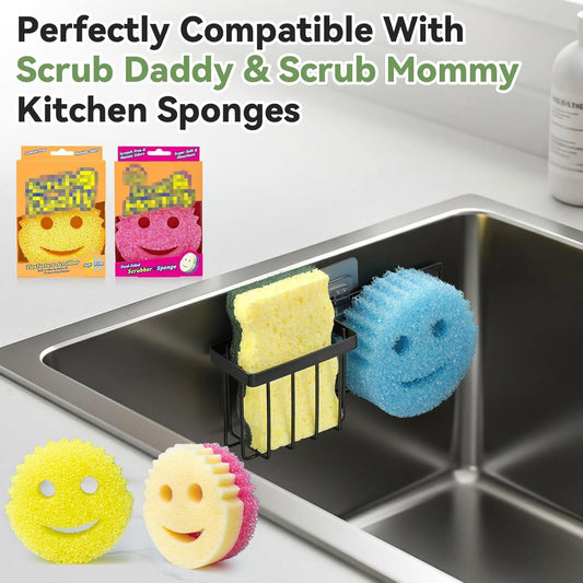 [Space Saving] Sponge Holder for Kitchen Sink, Great for Scrub Daddy / Scrub Mommy Sponges, Rust-proof Sink Sponge Caddy Organizer for Dish Brush, Scrubber - 2 Mounting Options (Suction Cups & Hooks)