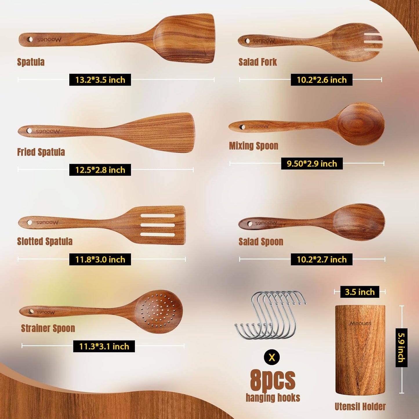Wooden Ladle for Soup, 3 Size Teak Wood Ladle Spoon with Back Hooks, Heat Resistant Wooden Spoons for Cooking, Non-Stick, Comfortable Grip, Wood Kitchen Utensils Set for Serving, Stirring