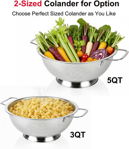 5-Quart Colander for Kitchen, Stainless Steel Colander with Base, Pasta Strainer with Handle, Food Strainer for Spaghetti, Vegetables, Fruit