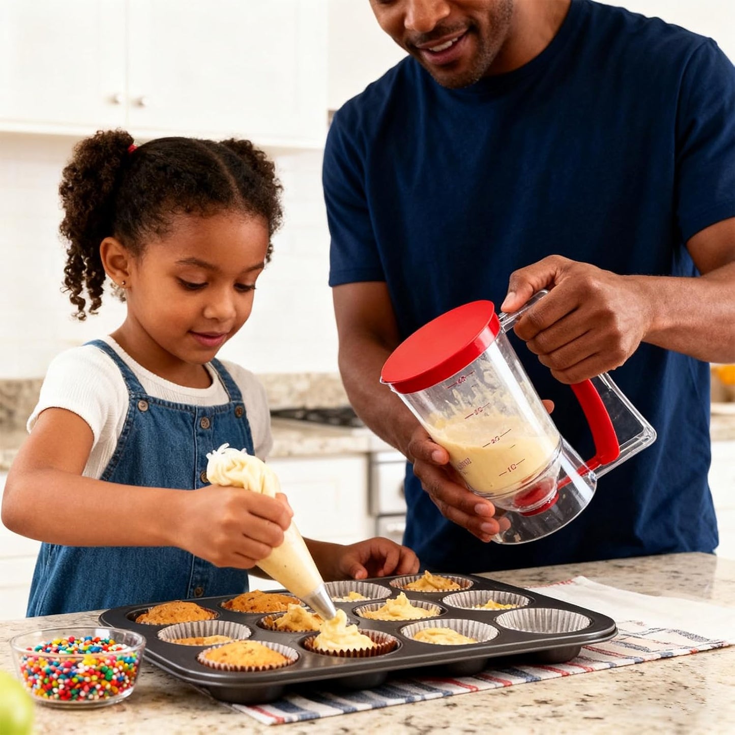 Pancake Batter Dispenser - Cookie Cupcake Cupcakes Waffle Waffles Separator Tool with Squeeze Handle, Easy Pour & Measuring Label for Griddle, Baking Supplies, Crepe & Cake Muffin Mix, Purple