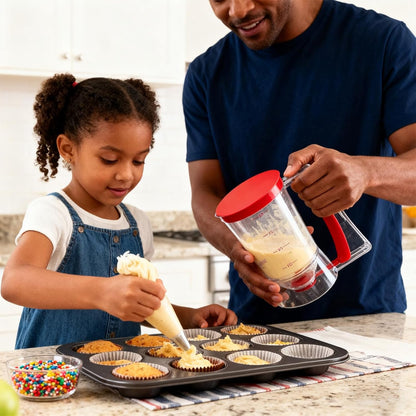 Pancake Batter Dispenser - Cookie Cupcake Cupcakes Waffle Waffles Separator Tool with Squeeze Handle, Easy Pour & Measuring Label for Griddle, Baking Supplies, Crepe & Cake Muffin Mix, Purple
