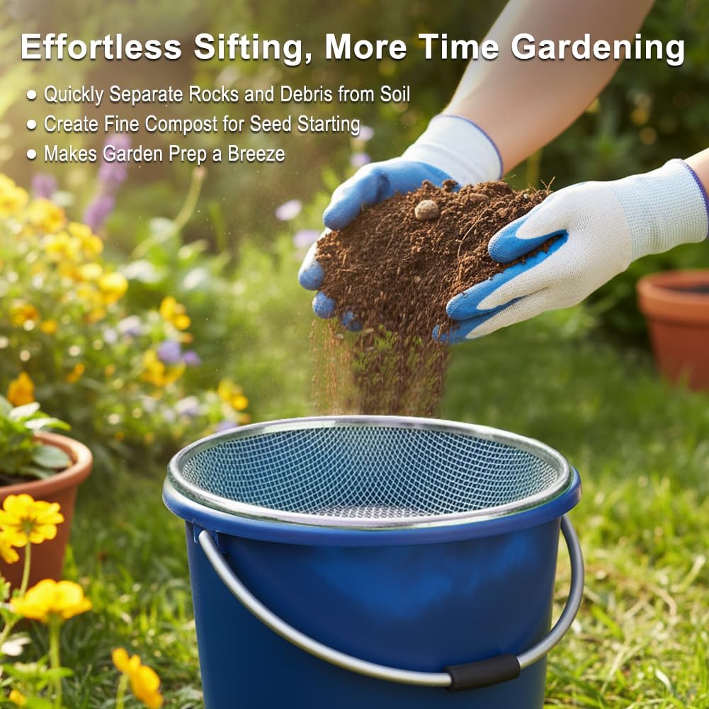 Gardening Sieve with Mesh Strainer, Soil Sifter Screens for 5 Gallon Buckets, Iron Bucket-Top Sieve Set with Gloves, 3/8 inch, 1/4 inch and 1/8 inch Mesh for Compost, Sawdust and Worm Castings