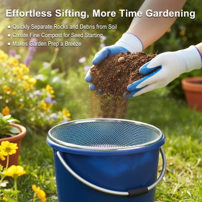 Gardening Sieve with Mesh Strainer, Soil Sifter Screens for 5 Gallon Buckets, Iron Bucket-Top Sieve Set with Gloves, 3/8 inch, 1/4 inch and 1/8 inch Mesh for Compost, Sawdust and Worm Castings