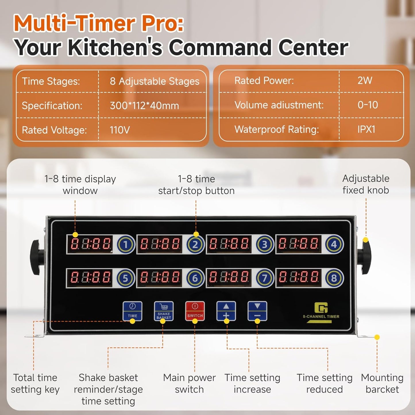 Commercial Kitchen Timers for Cooking, 8 Channel Timer for Commercial Kitchens, Heavy-Duty Loud Alarm Timer for Restaurants, Stainless Steel, LED Technology