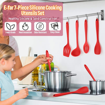 E-far Silicone Cooking Utensils Set, 7-Piece Black Heat Resistant Kitchen Utensils Set, Kitchen Nonstick Tools Spatula Ladle Spoon Pasta Server for Non-stick Cookware, Non-Toxic & Dishwasher safe