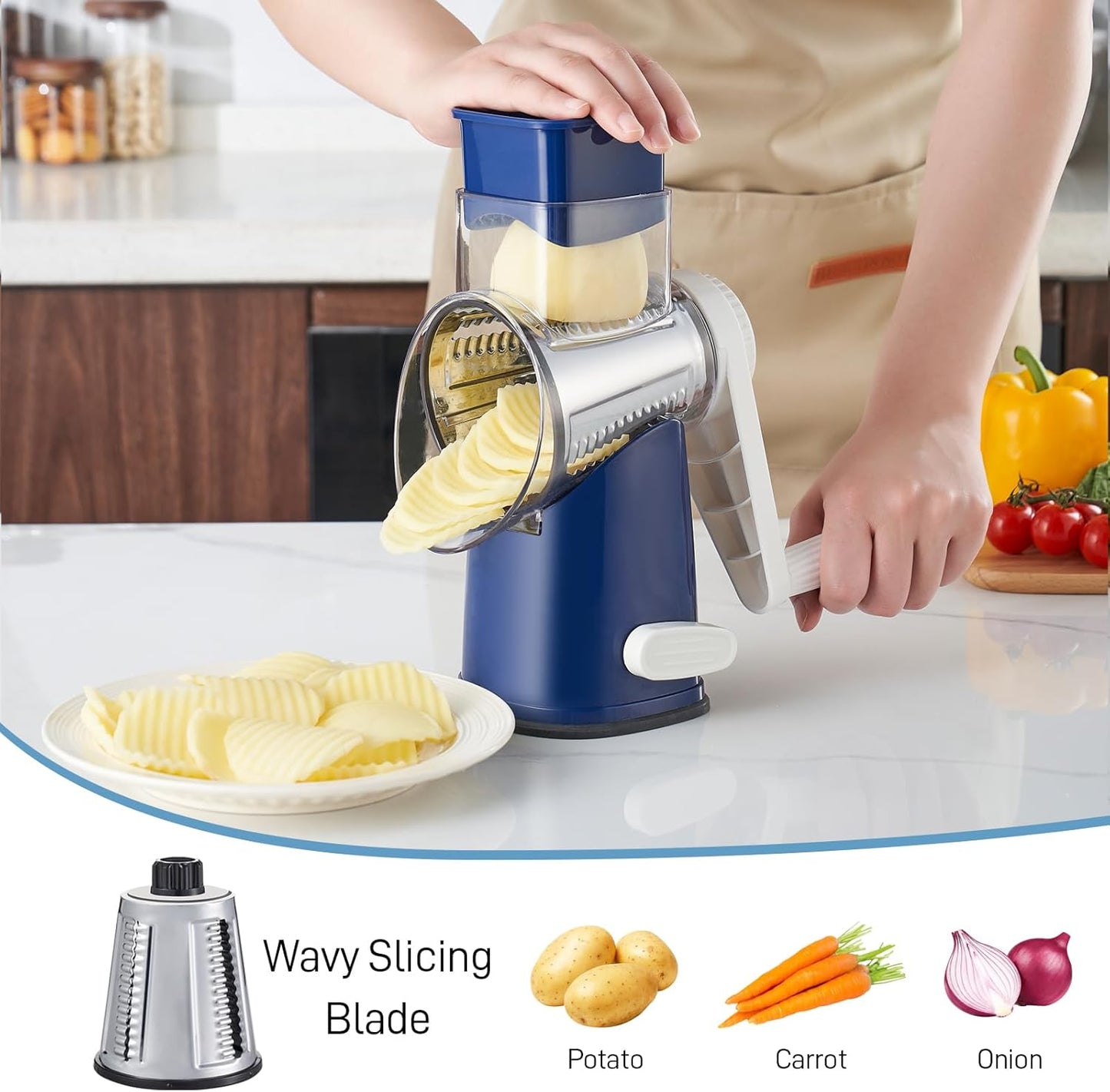 VEKAYA Rotary Cheese Grater Hand Crank with 4 Interchangeable Stainless Steel Blades, Large Manual Handle Shredder and Waffle Slicer for Vegetables, Cheese and Nuts with Table Suction Base(Blue)