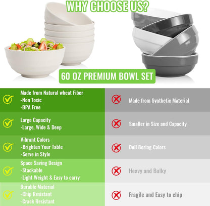 Wheat Straw Bowls Set with Lids, Unbreakable 40 OZ Cereal Bowls Set of 4, Salad Container for Lunch, Microwave & Dishwasher Safe Bowl Set for Kitchen, Picnic, RV, Camping, Multi