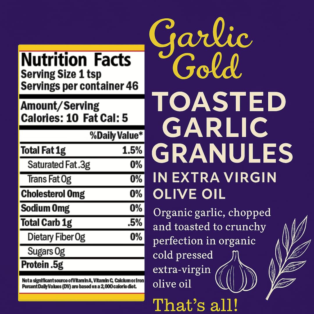 Garlic Gold Toasted Granules in Extra Virgin Olive Oil, USDA Organic Certified Minced Garlic, Sodium Free, Non GMO & Vegan, Keto & Paleo Friendly (6.4 Oz, 2 Pack)