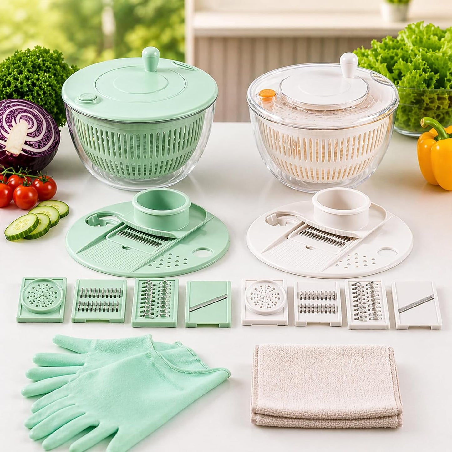 Large Capacity Multi-function Salad Spinner, 6-in-1 Salad Spinner & Vegetable Chopper, Vegetables Fruits Washing Bowl, With 5 Blade Slicer Egg Yolk Strainer Shredder (Transparent Version A)