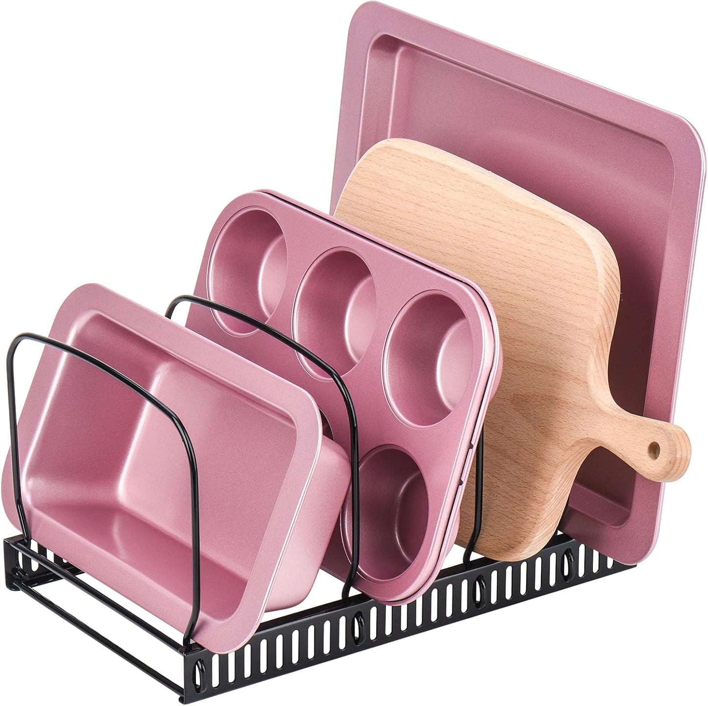 Toplife Pot Lids Organizer Rack for Cabinet and Countertop, 7+ Pan Lids and Bakeware Organizer Rack Holder with 7 Adjustable Compartments - Brown