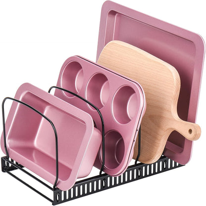 Toplife Pot Lids Organizer Rack for Cabinet and Countertop, 7+ Pan Lids and Bakeware Organizer Rack Holder with 7 Adjustable Compartments - Brown