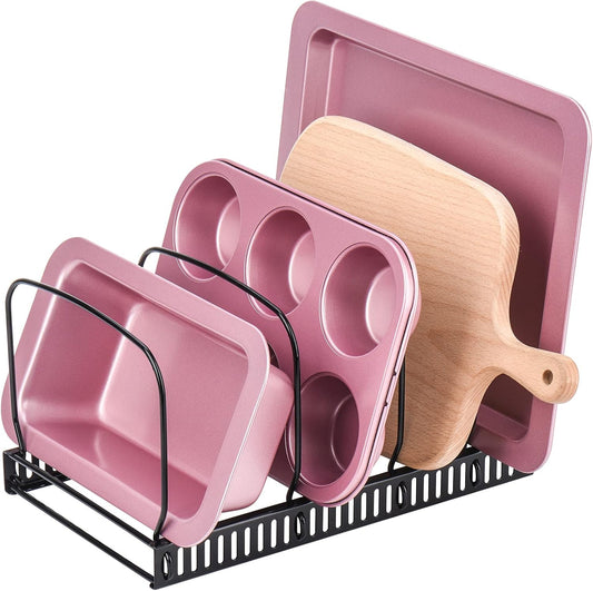 Toplife Pot Lids Organizer Rack for Cabinet and Countertop, 7+ Pan Lids and Bakeware Organizer Rack Holder with 7 Adjustable Compartments - Brown