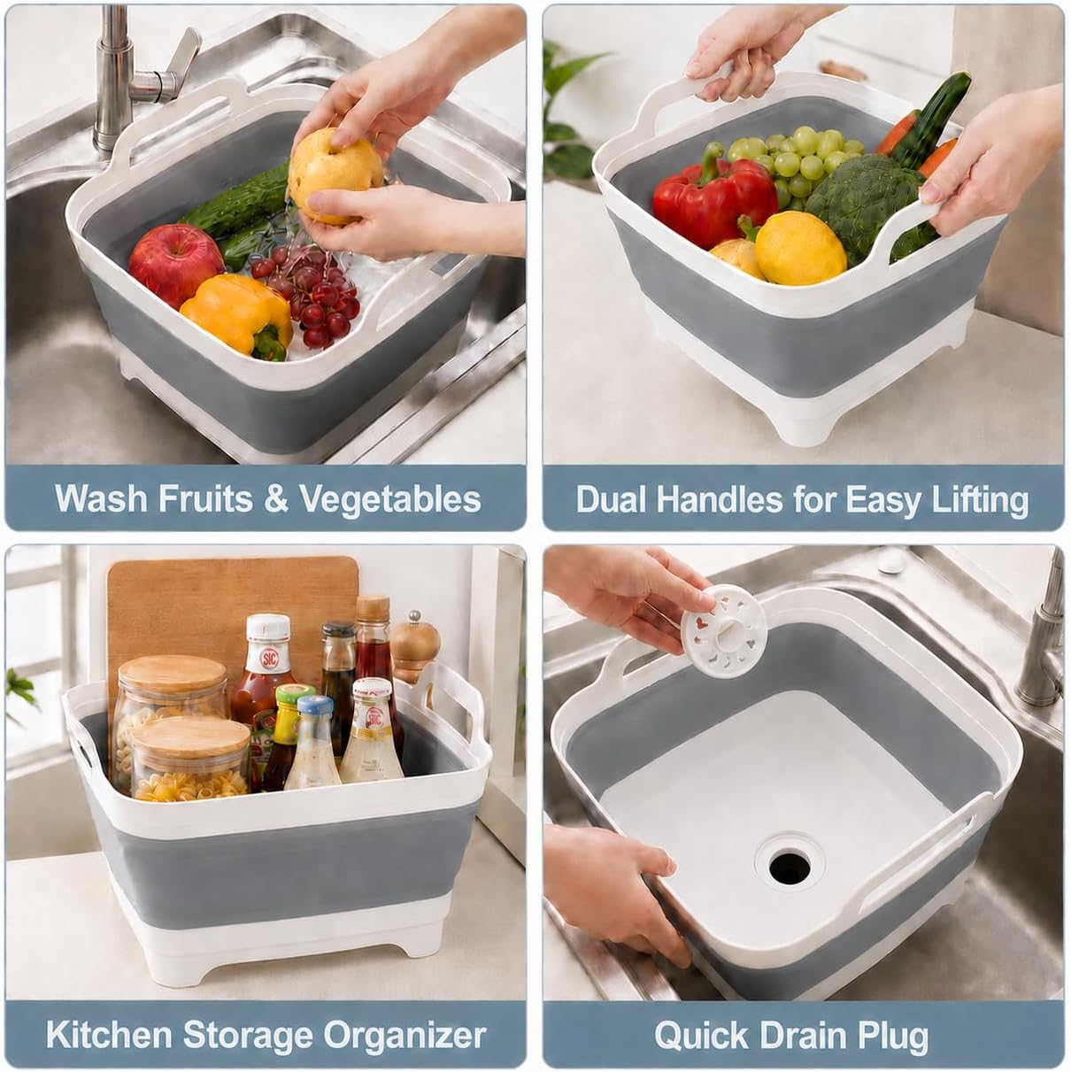 2.4 Gal(9L) Collapsible Dish Basin with Drain Plug, Space Saving Outdoor Multiuse Foldable Sink Tub, Dishpan, Kitchen Storage Tray for Camping, Vegetable Washing, RV (Gray)