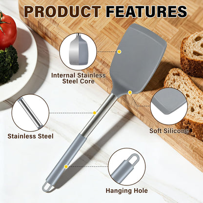 5Pcs Silicone Cooking Utensils Set, Heat Resistant Kitchen Tools Include Solid&Slotted Spatula, Cooking Spoon and Pasta Server, Silicone Kitchen Utensils set for Nonstick Cookware Flipping, Black