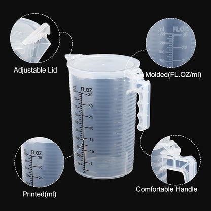 PATIKIL Graduated Beaker, 2 Pack 100ml PP Plastic Liquid Measuring Cup Double Sided Black Graduations with Handle Lid and Spout for Lab Kitchen Home