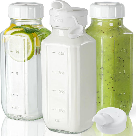 6 Pack 16 Oz Glass Juice Bottles with 2 Pour Spouts, 100% Airtight Heavy Duty SCREW Lid- Reusable Glass Milk Bottles w Scale Mark, Square Drinking Jar Juice Container Breast Milk Pitcher(Extra 2 Lid)