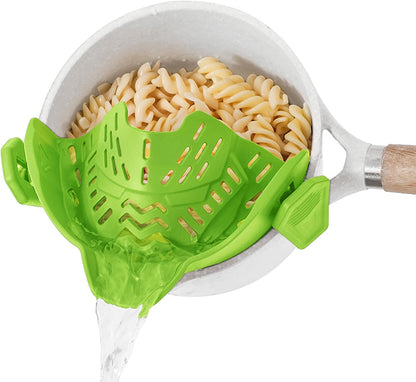 Adjustable Silicone Clip-On Colander. Heat-Resistant Drainer for Pasta, Vegetables, Noodles, and Food. Clip On Strainer for Pots, Pans, and Bowls-Essential Kitchen Gadget (Green)
