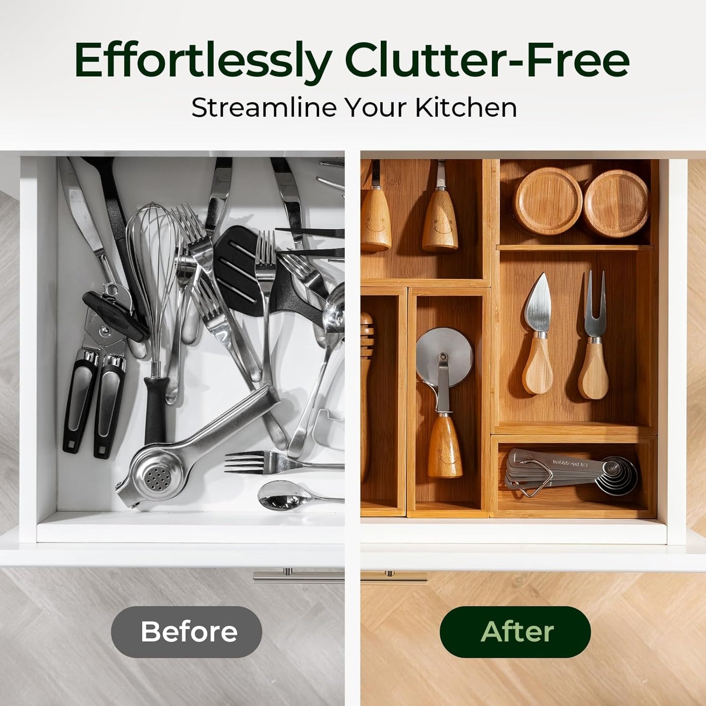 keechee Carbonized Bamboo Kitchen Drawer Organizer, 10 Slots Expandable Silverware Organizer, Utensil Holder & Cutlery Tray, 2.2" Deep for Extra Capacity, Non-Slip Feet Included