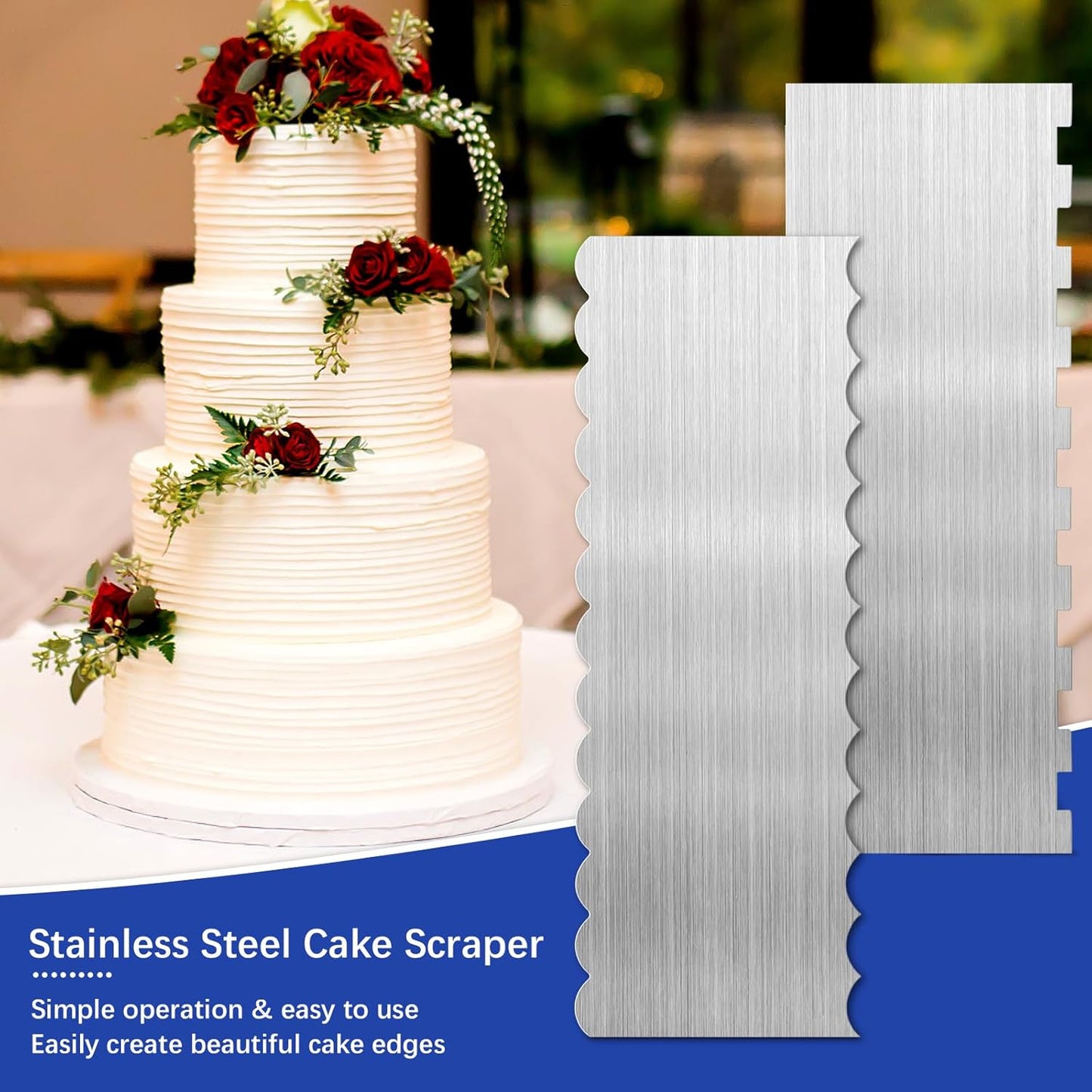 2 Pcs Stainless Steel Cake Scraper, 8.6-inch Double Sided Patterned Edge Stripe Edge Smoother Scraper, Cake Decorating Comb Metal Cake Scraper for Butter Mousse Cream Decoration