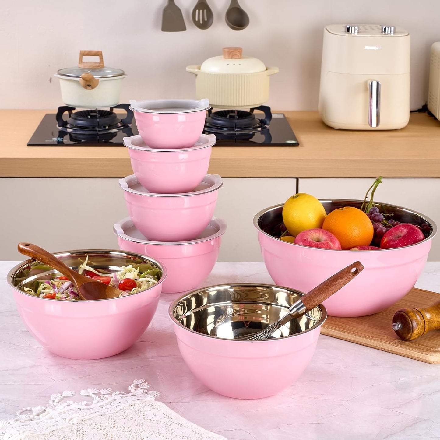 Red Mixing Bowls with Lids Set of 7, Stainless Steel Nesting Bowl with Khaki Lid for Non-slip Mixing Prepping Storing Serving, 7 Sizes-7/3.6/2.7/2.1/1.5/1/0.8 QT