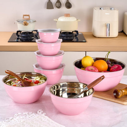Red Mixing Bowls with Lids Set of 7, Stainless Steel Nesting Bowl with Khaki Lid for Non-slip Mixing Prepping Storing Serving, 7 Sizes-7/3.6/2.7/2.1/1.5/1/0.8 QT
