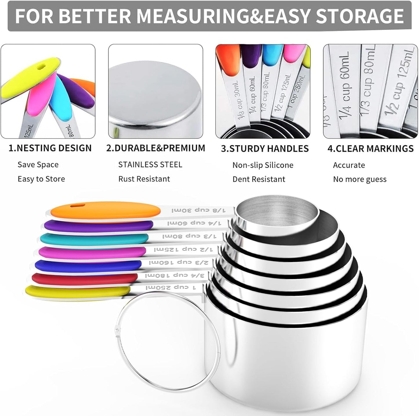 TILUCK Measuring Cups and Spoons Set, Stainless Steel, Kitchen Utensils for Cooking and Baking (10)