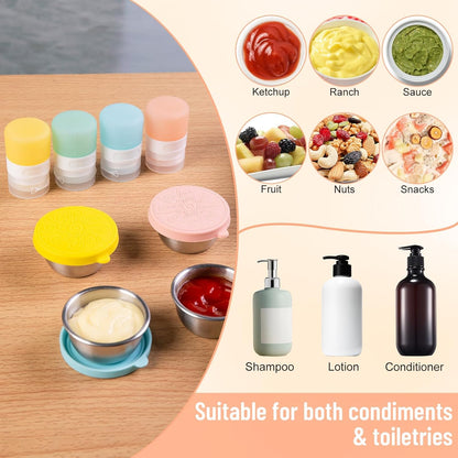 MICEBAY 8-Pack Salad Dressing Container To Go, 2-oz Silicone Small Condiment Squeeze Bottles and 1.6 oz Stainless Steel Sauce Containers Cups, Leakproof Condiment Containers with Lids for Lunch Box