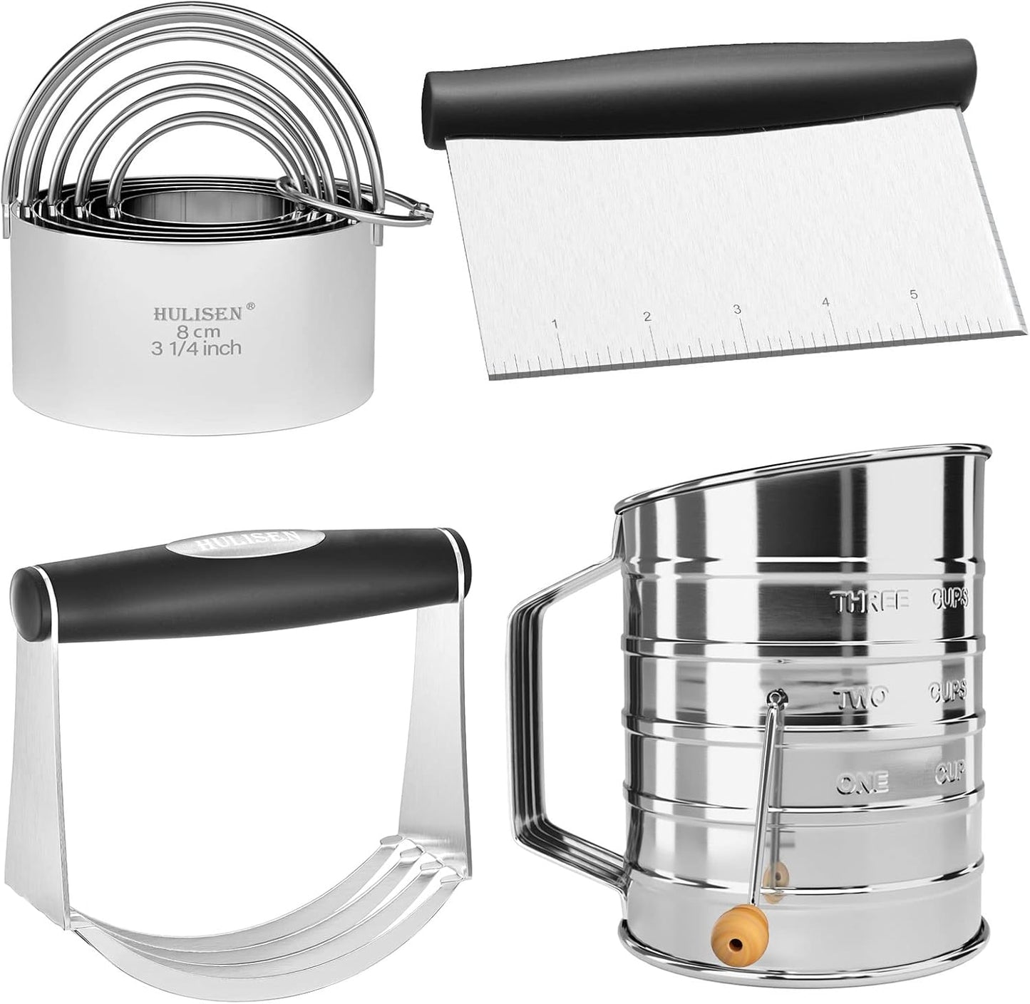 HULISEN Stainless Steel Biscuit Cutter Set, Pastry Scraper and Dough Blender, Sturdy & Long-Lasting with Ergonomic Rubber Grip, Professional Baking Dough Tools, Gift Package (3 Pcs/Set)