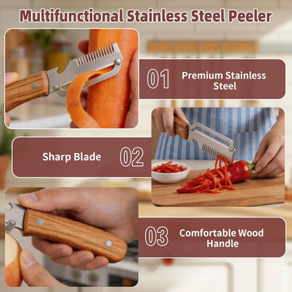 Multifunctional Vegetable Peeler, 3 in 1 Julienne Peeler with Wooden Handle, Vegetable Shredder with Bottle Opener Kitchen Tool for Peeling Veggie Fruit Pineapple Pumpkin Papaya Carrrot(2 Pack)