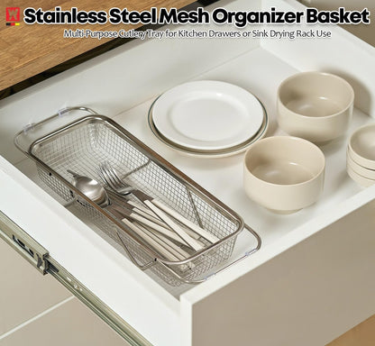 WAGENSTEIGER Extendable Dish Rack with Feet, Vegetable Colander Basket, Stainless Steel Dish or Silverware Drying Rack, Ultimate Kitchen Organizer Over the Sink (12.40 x 5.12 x 2.36 Inches)