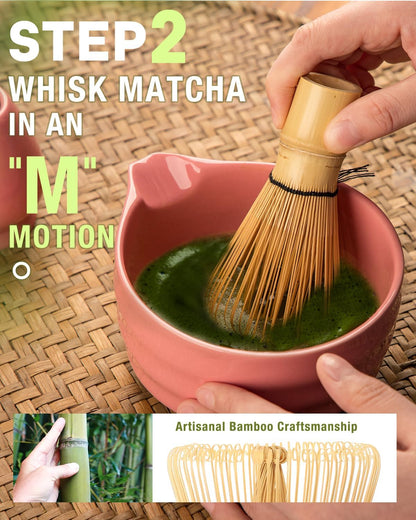 Matcha Whisk Set - 5PCS Matcha Set Includes 17OZ Chawan with Spout, Bamboo Chasen Whisk with Ceramic Holder, Matcha Scoop and Stainless Sifter, Matcha Kit for Ceremony, Gift for Matcha Lovers