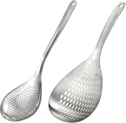 2 Pack Skimmer Slotted Spoon, 13.6 Inch Large Stainless Steel Skimmer Ladle Spoon Spider Strainer with Handle and Hanging Holes, Fryer Scoop Kitchen Colander for Cooking, Draining and Frying