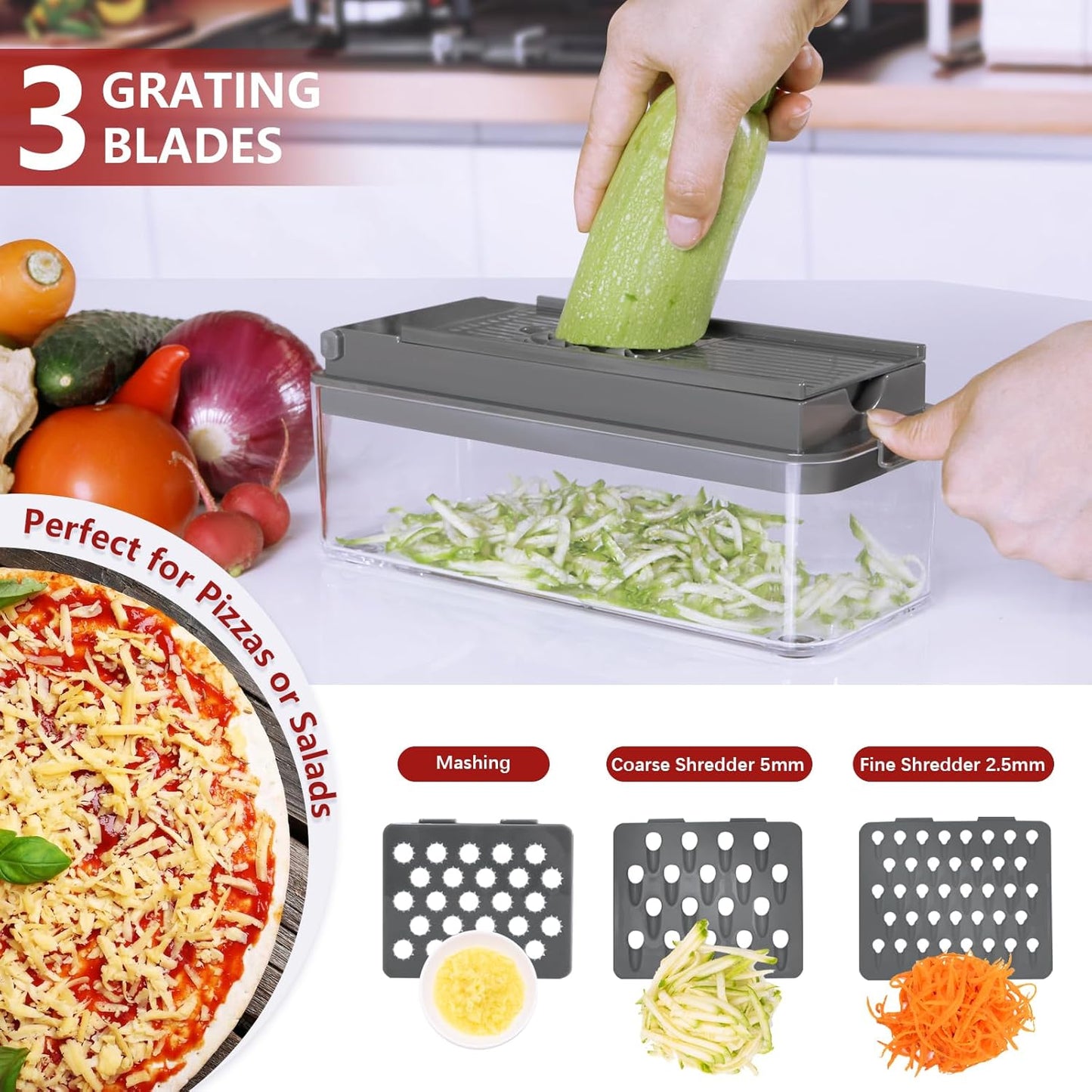 Vegetable Chopper, Onion Chopper Dicer, Mandoline Slicer, Food Chopper with Container, Vegetable Cutter for Salad Potato Carrot Garlic（2 Blades, Black）