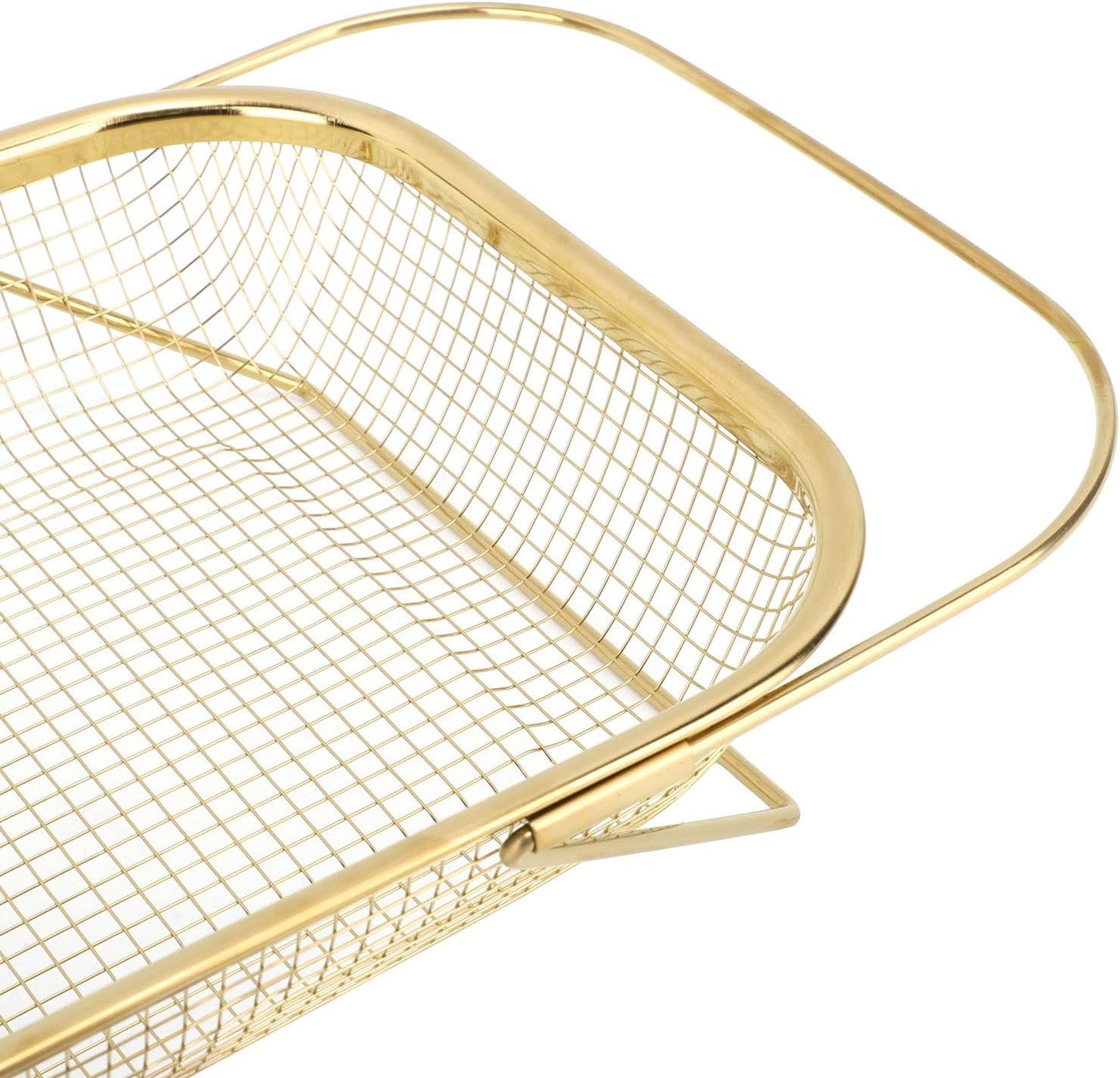 JTLB Over The Sink Colander Strainer Basket Stainless Steel for Kitchen Sink with Handles Fine Mesh Expandable Kitchen Essentials Rectangle (Gold)