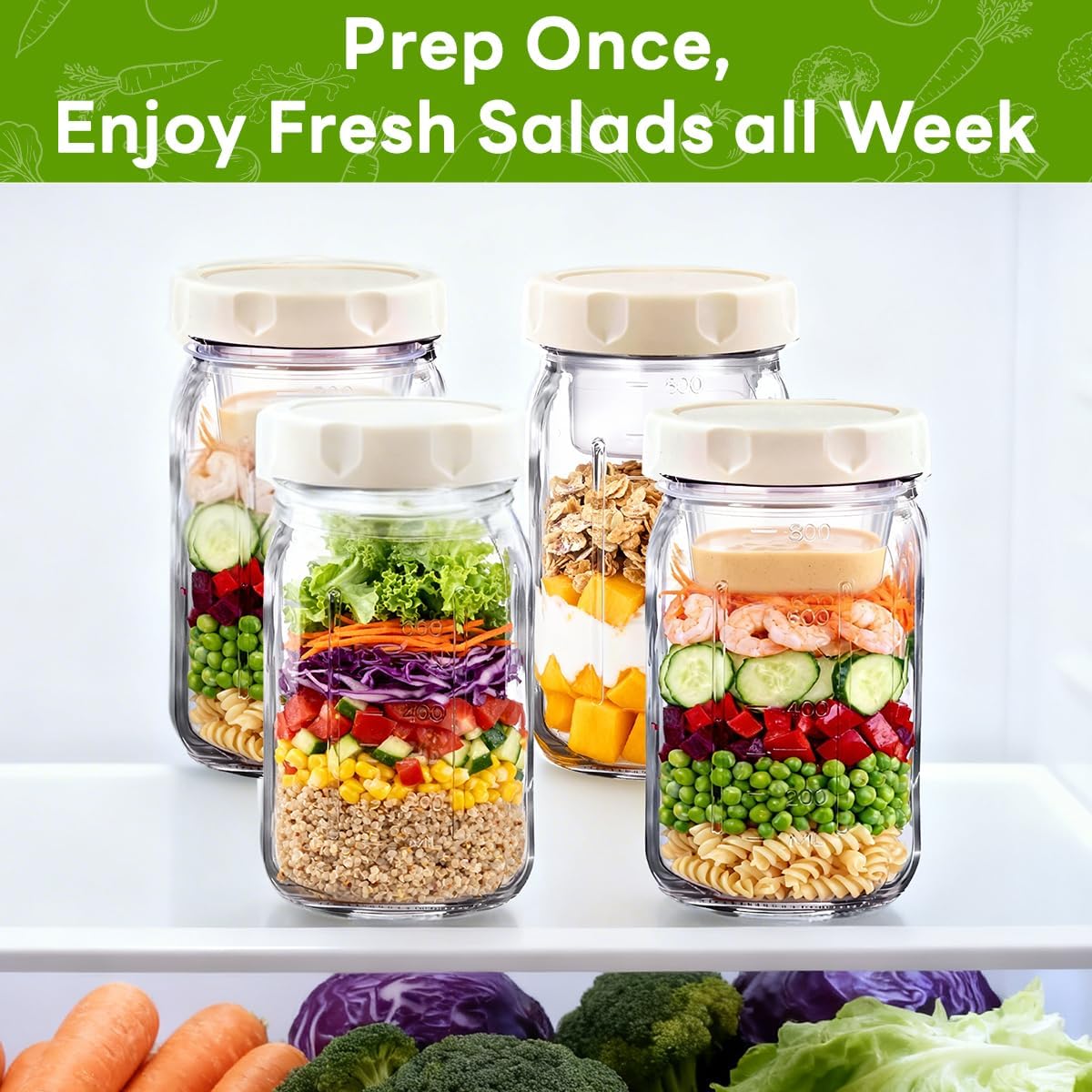 9PCS Salad Meal Prep Containers, 32oz Large Glass Salad Jars with Lids Meal Prep with 4 Forks, Leakproof Salad Container for Lunch with Separate Wet/Dry Dressing Cups for Home, Office and Outdoor
