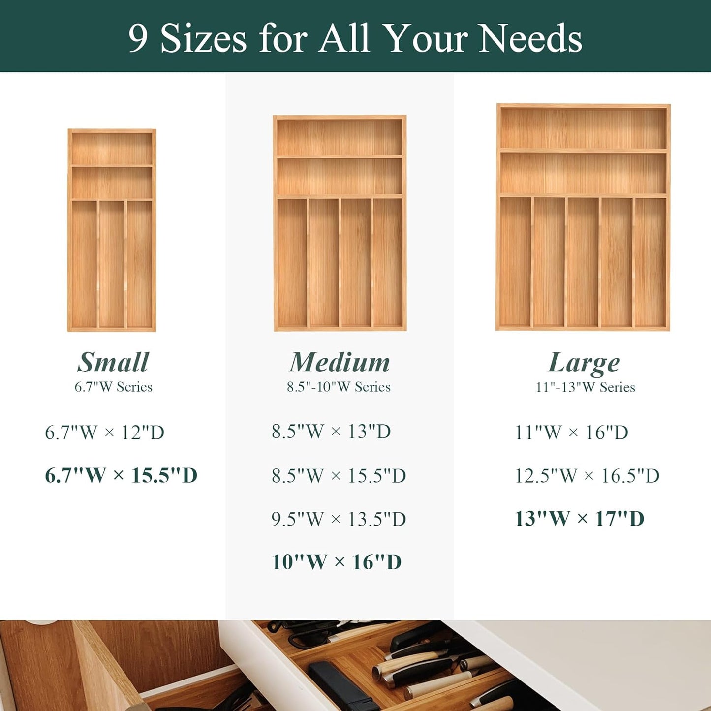 Bamboo Silverware Organizer, Kitchen Drawer Organizer, Utensil Holder, Cutlery Tray & Spoon Flatware Storage with Grooved Drawer Dividers (9.5''W x 13.5''D)