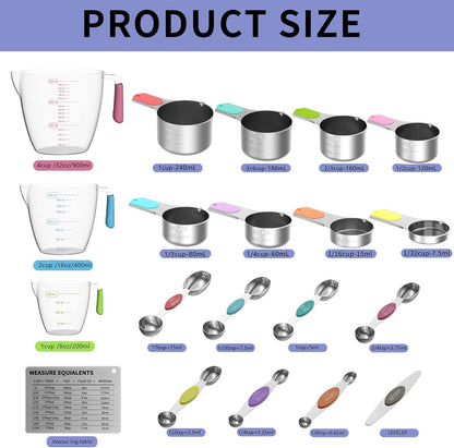 Magnetic Measuring Cups and Spoons Set, 5 Stainless Steel Measuring Cups for Dry and Liquid Ingredients, 7 Magnetic Measuring Spoons, 3 Plastic Measuring Cup with 1 Measuring Conversion Chart