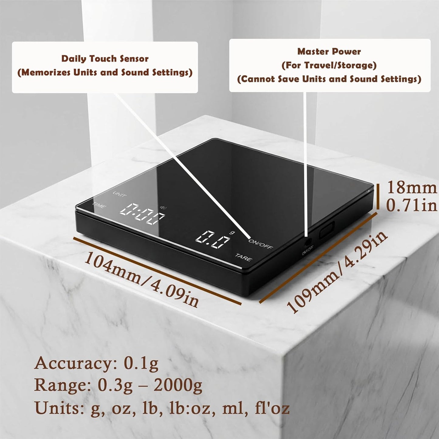 Digital Coffee Scale with Built-in Timer, 0.1g Precision to 3000g Rechargeable Espresso Scale, Touch Glass Kitchen Food Scale for Pour Over, Baking and Macros