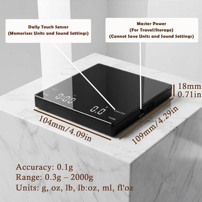 Digital Coffee Scale with Built-in Timer, 0.1g Precision to 3000g Rechargeable Espresso Scale, Touch Glass Kitchen Food Scale for Pour Over, Baking and Macros